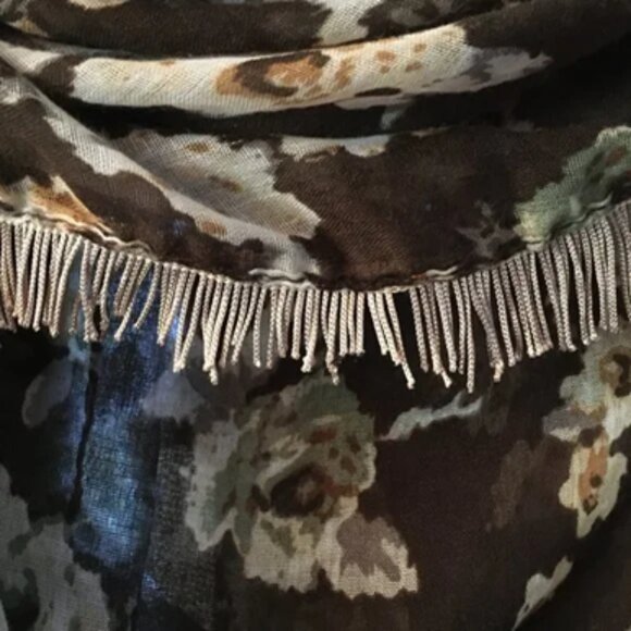 Large Voluminous Semi Sheer Tasseled Floral Scarf In Brown, Cream and Sage - Picture 14 of 14
